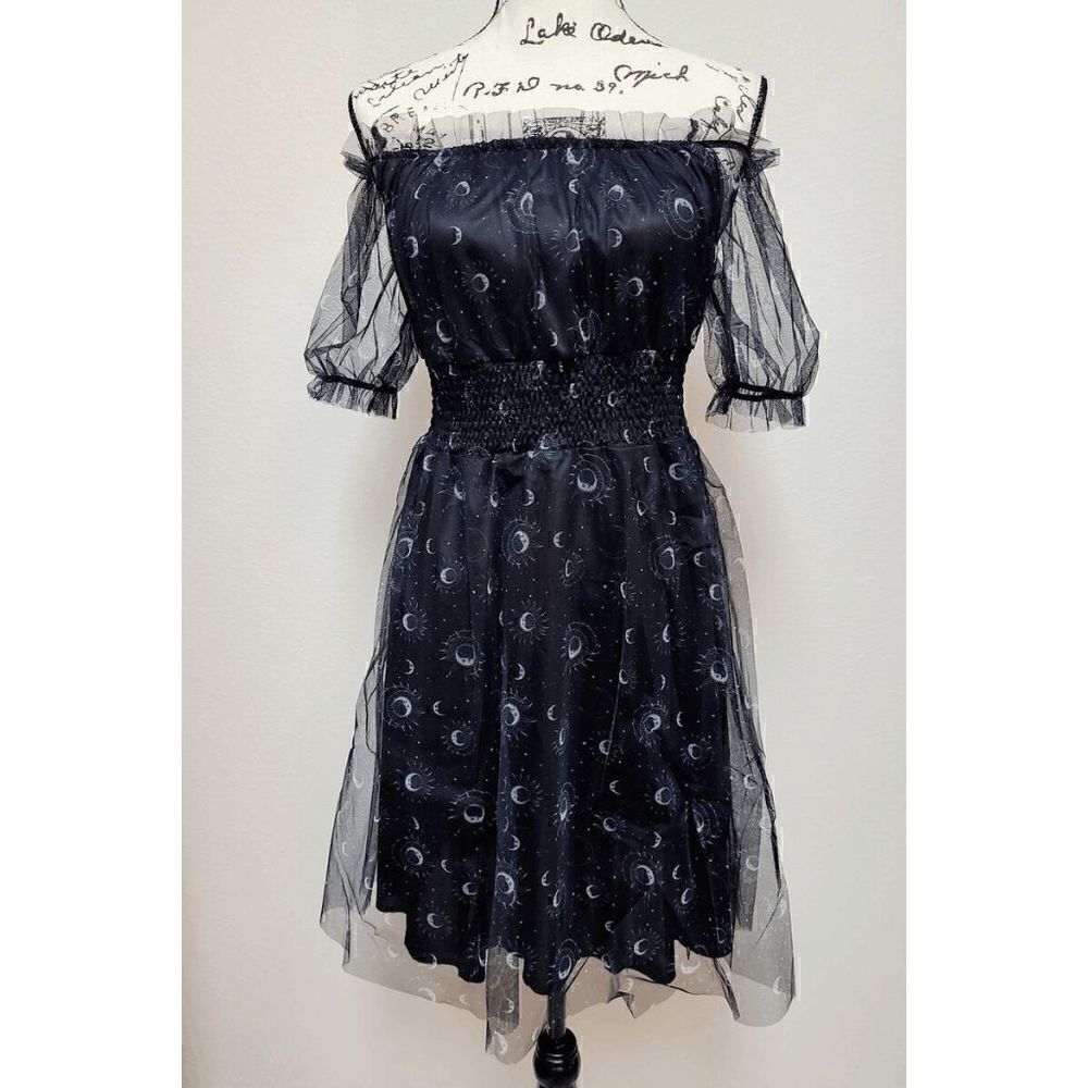 Off Shoulder Goth Witch Moon Print Contrast Mesh Flared Shirred Dress L NWT - Picture 2 of 16